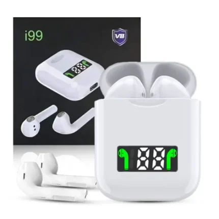Écouteurs sans fil i99 TWS dotés de réduction de bruit, affichage LED, boîtier de charge sans fil et microphone.