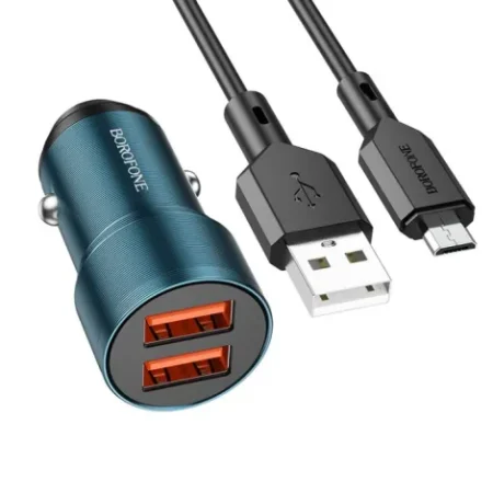 Borofone BZ19 Wisdom – Chargeur voiture 2xUSB – 12W avec câble micro USB bleu