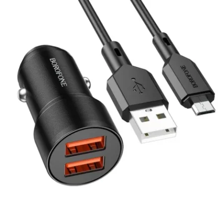 Borofone BZ19 Wisdom – Chargeur voiture 2xUSB – 12W avec câble micro USB noir