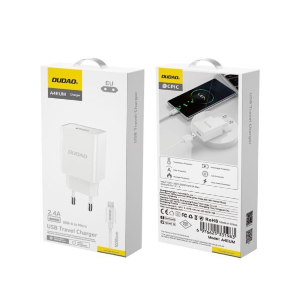 Chargeur Dudao A4EU 2,1 A blanc avec câble USB-A vers micro USB – Image 2