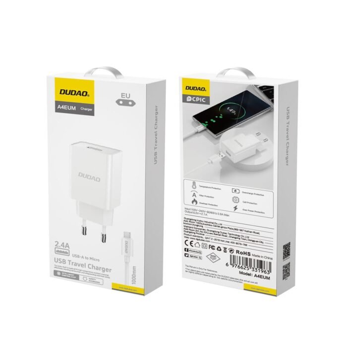 Pack Chargeur Secteur Dudao A4EU 2.1A – Blanc – Inclus Câble USB vers Micro-USB – Image 2