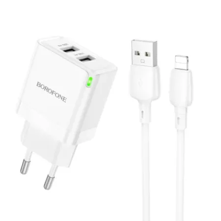 Chargeur iphone Borofone BN15 Strong - 2xUSB - 2,1A avec cable USB /Lightning white