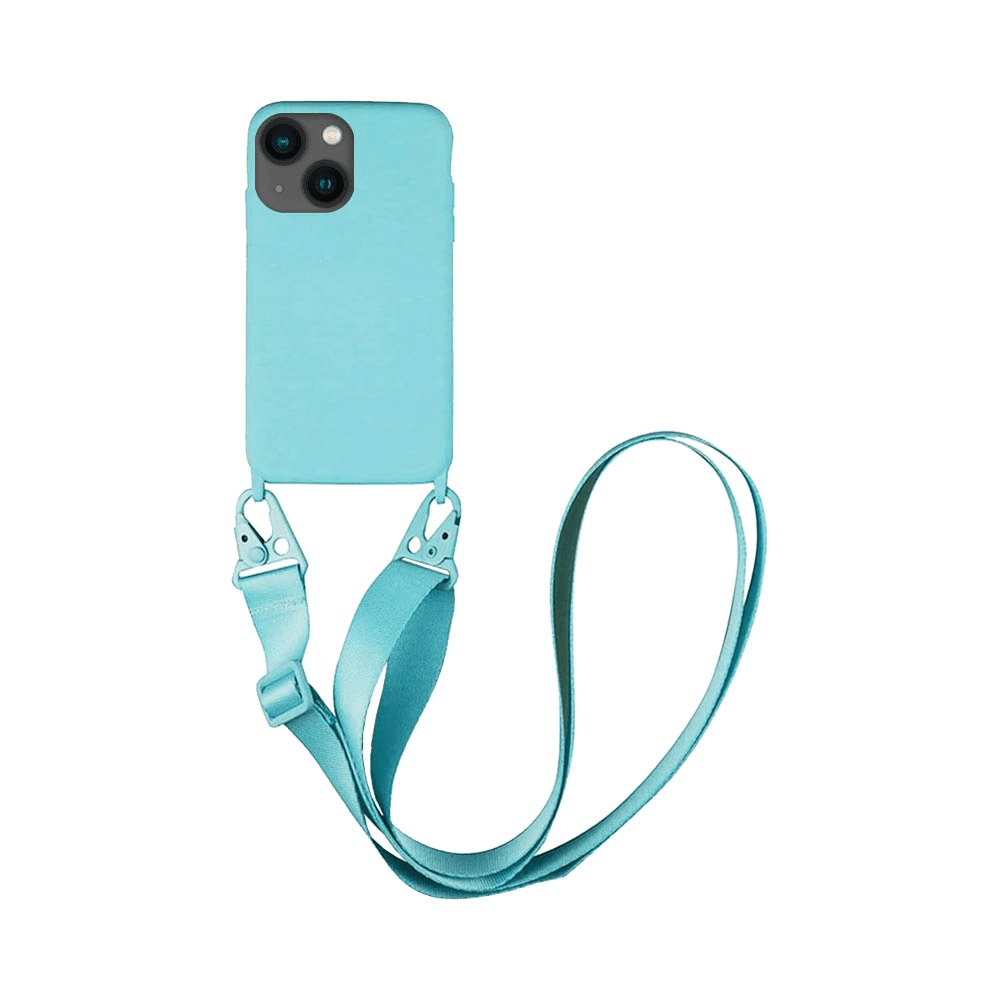 img_6306 Coque Silicone avec Bandoulière Apple iPhone 14 (#7) Bleu Clair – Image 1